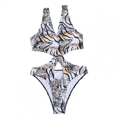 Ujumiskostüüm Rannarõivad Risti mähised päitsed Ussinahast printimine Kõrge vöökoht Seksikas Monokini suvine sügav V-kaelus, seljata ühes tükis