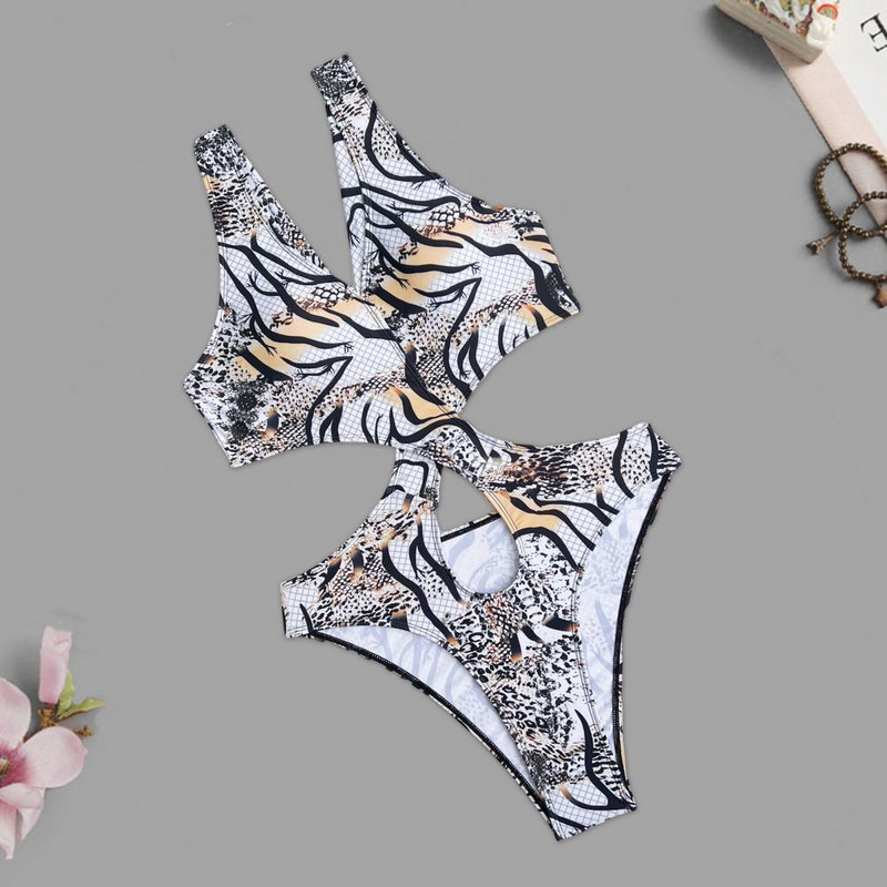 Ujumiskostüüm Rannarõivad Risti mähised päitsed Ussinahast printimine Kõrge vöökoht Seksikas Monokini suvine sügav V-kaelus, seljata ühes tükis