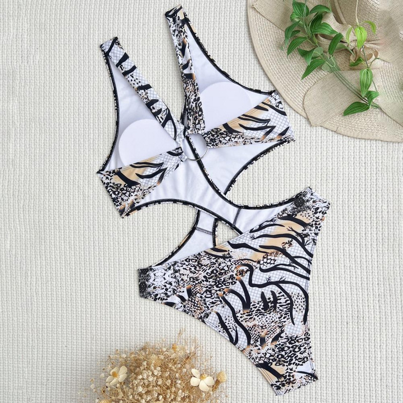Ujumiskostüüm Rannarõivad Risti mähised päitsed Ussinahast printimine Kõrge vöökoht Seksikas Monokini suvine sügav V-kaelus, seljata ühes tükis
