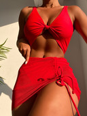 2023. aasta seksikas 3-osaline bikiinikomplekt naiste massiivne punane eesmine lips Push Up plisseeritud võrkseelik ujumisriided rannas ujumistrikoo kõrge vöökohaga ujumistrikoo