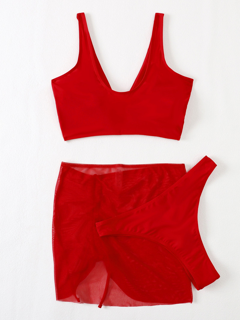 2023. aasta seksikas 3-osaline bikiinikomplekt naiste massiivne punane eesmine lips Push Up plisseeritud võrkseelik ujumisriided rannas ujumistrikoo kõrge vöökohaga ujumistrikoo