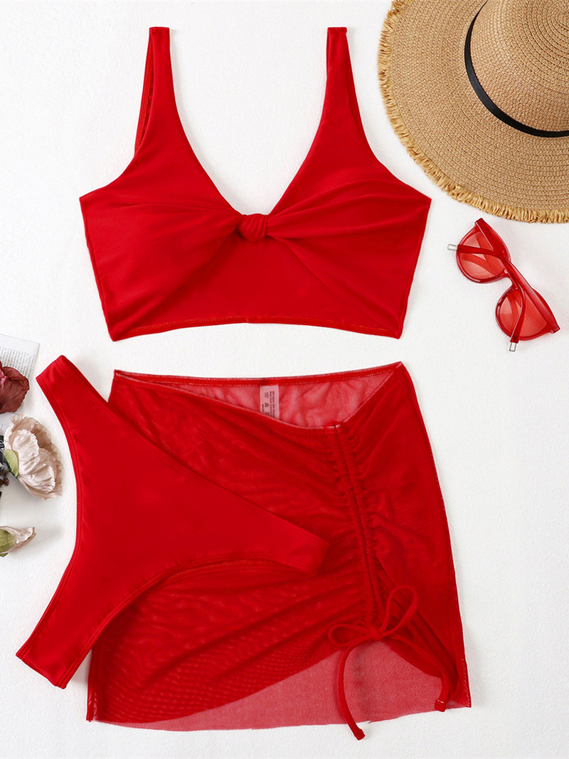 2023. aasta seksikas 3-osaline bikiinikomplekt naiste massiivne punane eesmine lips Push Up plisseeritud võrkseelik ujumisriided rannas ujumistrikoo kõrge vöökohaga ujumistrikoo