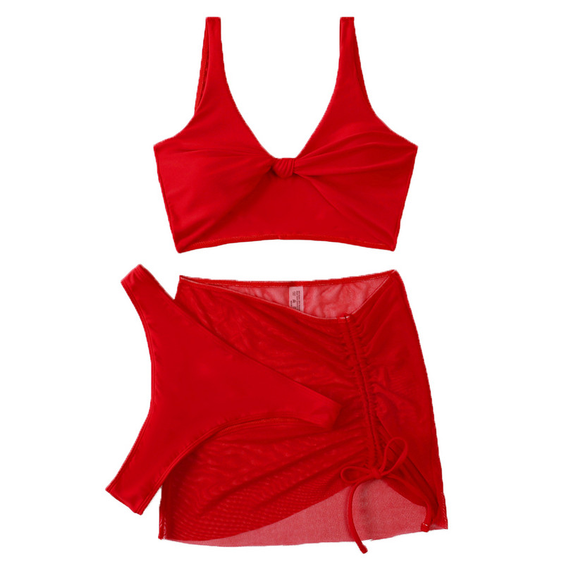2023. aasta seksikas 3-osaline bikiinikomplekt naiste massiivne punane eesmine lips Push Up plisseeritud võrkseelik ujumisriided rannas ujumistrikoo kõrge vöökohaga ujumistrikoo