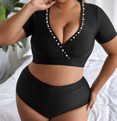 2023. aasta naise ujumistrikoo Seksikas sügav V-kaelusega pärlitrükiga ujumisriided lühikeste varrukatega ülaosaga bikiinide komplekt kõrge vöökohaga rannariiete ujumiskostüüm