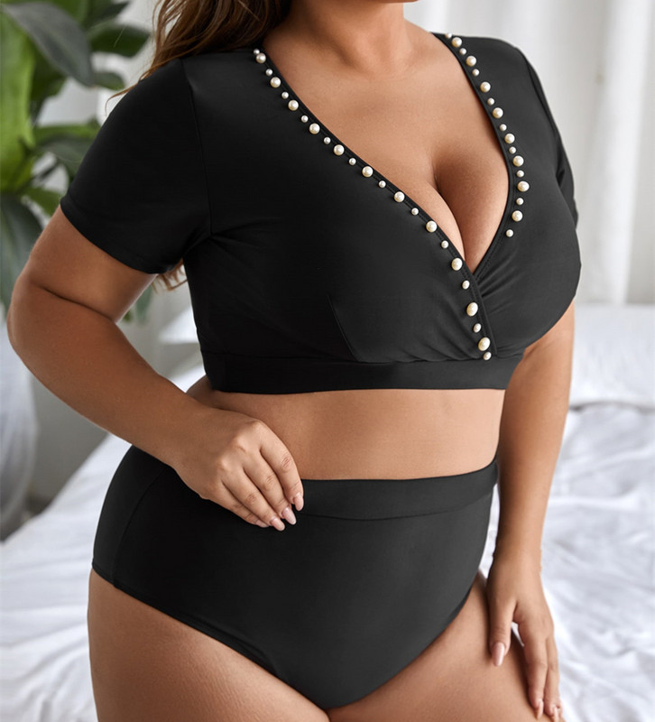 2023. aasta naise ujumistrikoo Seksikas sügav V-kaelusega pärlitrükiga ujumisriided lühikeste varrukatega ülaosaga bikiinide komplekt kõrge vöökohaga rannariiete ujumiskostüüm