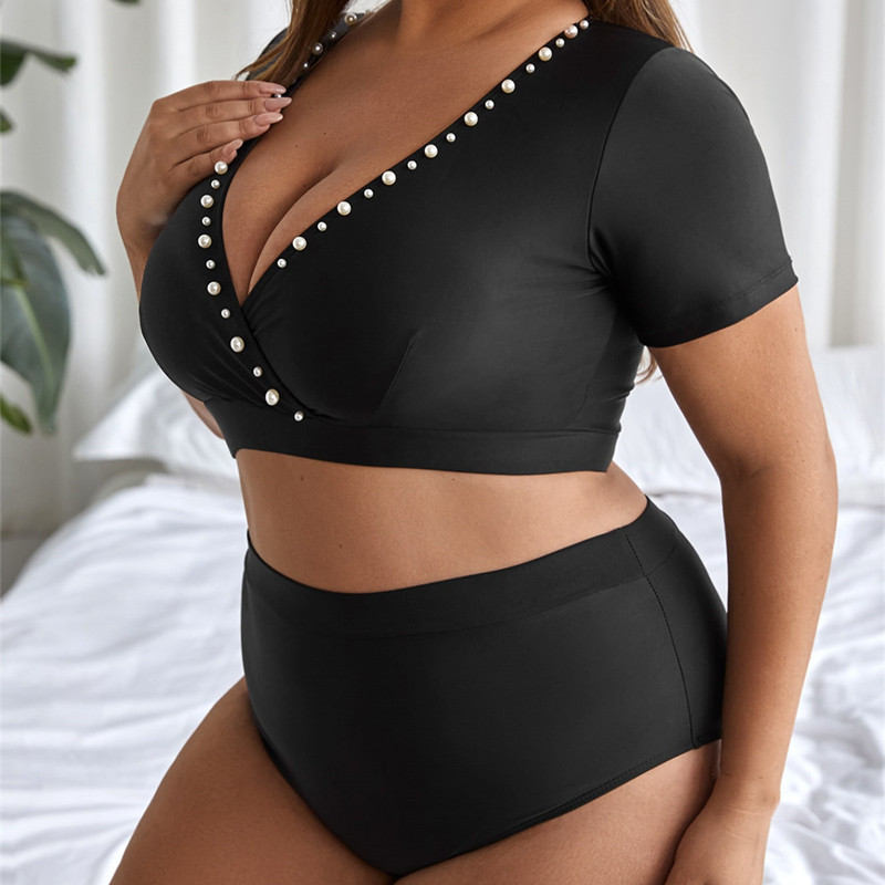 2023. aasta naise ujumistrikoo Seksikas sügav V-kaelusega pärlitrükiga ujumisriided lühikeste varrukatega ülaosaga bikiinide komplekt kõrge vöökohaga rannariiete ujumiskostüüm