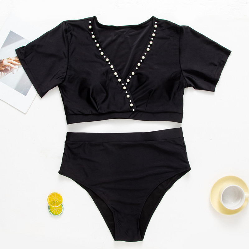 2023. aasta naise ujumistrikoo Seksikas sügav V-kaelusega pärlitrükiga ujumisriided lühikeste varrukatega ülaosaga bikiinide komplekt kõrge vöökohaga rannariiete ujumiskostüüm