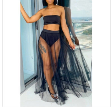 Naiste seksikad ujumistrikoo komplektid Olkaimeta bandeau topid + ujumispüksid + võrk plisseeritud maxi seelik ujumisriided rannarõivad