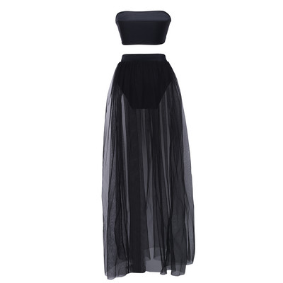 Naiste seksikad ujumistrikoo komplektid Olkaimeta bandeau topid + ujumispüksid + võrk plisseeritud maxi seelik ujumisriided rannarõivad