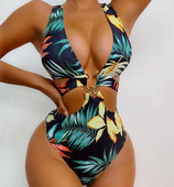 Sügava V-kaelusega lehtede printimisega bikiinid naiste ujumistrikoo õõnes supelkostüüm Monokini String seksikas ujumistrikoo ühes tükis kõrge lõikega ujumisriided