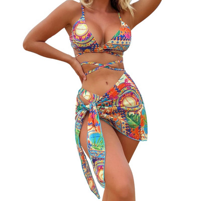 Set bikini Criss pentru femei 3 piese Costum de baie pentru dama stil etnic