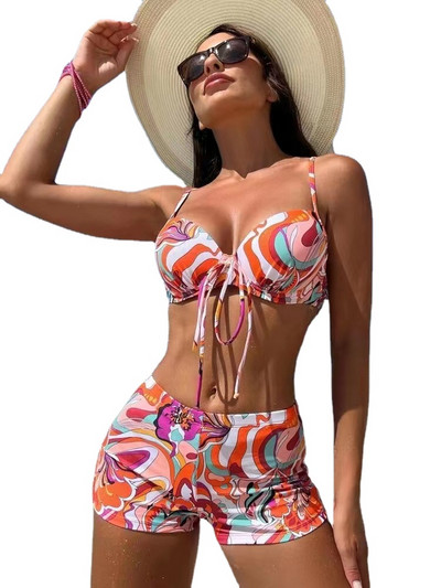 Μαγιό με λουλούδια Underwire Δύο τεμάχια beachwear Γυναικείο σπαστό μαγιό σε στυλ παραλίας Σορτς λουράκι μαγιό Νέο 2023