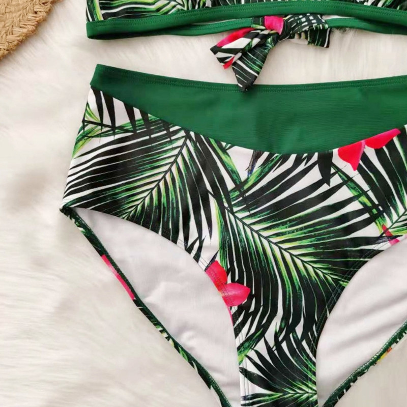 Σετ μπικίνι γυναικείων φύλλων στάμπα μεγάλου μεγέθους 2 τεμαχίων σουτιέν και ψηλόμεσο κάτω μέρος DropShip