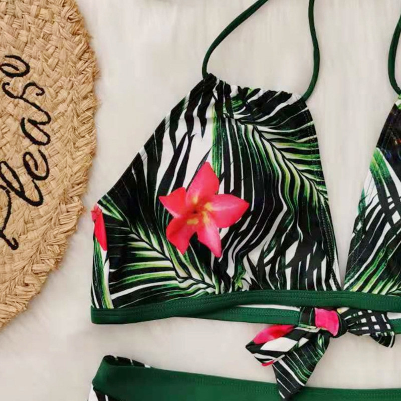 Σετ μπικίνι γυναικείων φύλλων στάμπα μεγάλου μεγέθους 2 τεμαχίων σουτιέν και ψηλόμεσο κάτω μέρος DropShip