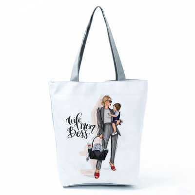 Χαριτωμένα Cartoon Super Mama Εκτύπωση Τσάντα Tote Τσάντες Ταξιδίου Τσάντες ώμου Μαμά και μωρού Πτυσσόμενες Γυναικείες Casual Τσάντες Eco Επαναχρησιμοποιήσιμη Τσάντα αγορών