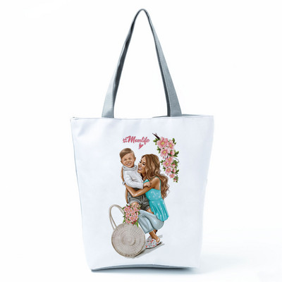 Χαριτωμένα Cartoon Super Mama Εκτύπωση Τσάντα Tote Τσάντες Ταξιδίου Τσάντες ώμου Μαμά και μωρού Πτυσσόμενες Γυναικείες Casual Τσάντες Eco Επαναχρησιμοποιήσιμη Τσάντα αγορών