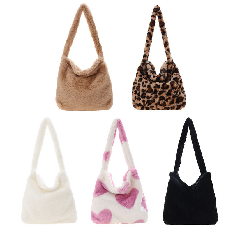 Poșete de mână pufoase pentru femei, fete, portabile de pluș, mini clutchs cu umăr de iarnă 2022, genți de călătorie de stradă cu imprimeu retro cu animale