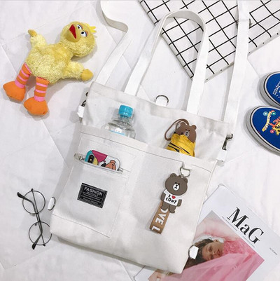 Γυναικεία τσάντα καμβά Τσάντες ώμου Μεγάλης χωρητικότητας Απλές αναδιπλούμενες τσάντες Tote Shopping Bag with Frog Pendant Τσάντες βιβλίου για κορίτσι