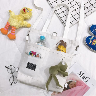 Γυναικεία τσάντα καμβά Τσάντες ώμου Μεγάλης χωρητικότητας Απλές αναδιπλούμενες τσάντες Tote Shopping Bag with Frog Pendant Τσάντες βιβλίου για κορίτσι