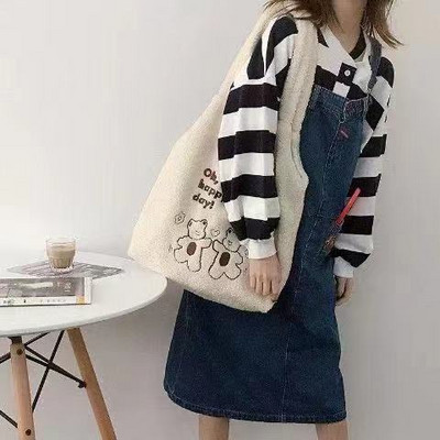 Uus talvine pehme plüüsist kandekott naiste multifilmi tikandiga lambakarva imitatsiooniga õlakott naistele 2022. aasta ostukott Bolsa