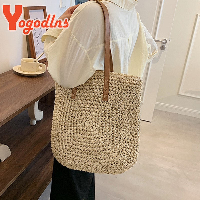 Yogodlnsi suvine suure mahutavusega õlgõlakott rotangist rannakotid kootud käepidemega kott Casual Lady Totes Shopping Käekott Clutch