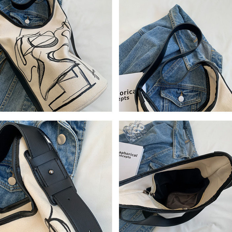 Naiste lõuendist õlakotid Vintage Ins Suure mahutavusega koppkott Täielikult sobivad Crossbody Graffiti käekotid Harajuku vabaajakott Uus