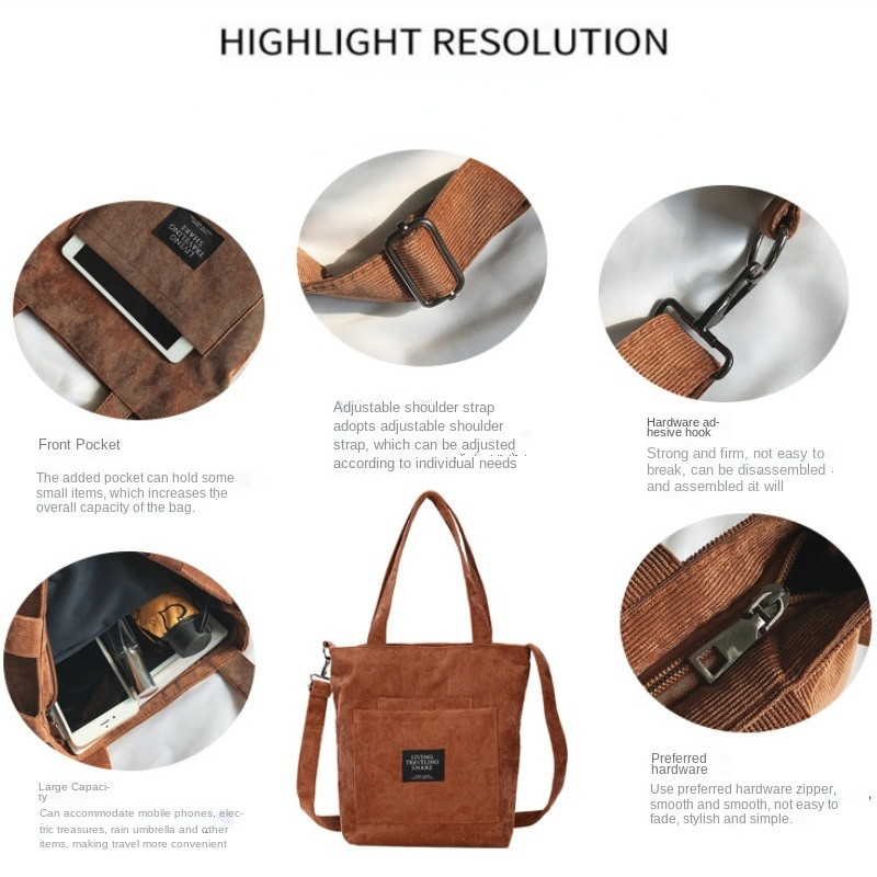 2022 Νέα γυναικεία πάνινη τσάντα ώμου μόδας κοτλέ τσάντα χιαστί μεγάλης χωρητικότητας Γυναικείες casual καρό μονόχρωμες τσάντες