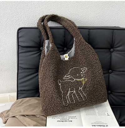 Дамска плюшена чанта с голям капацитет 2022 Зимна чанта през рамо Литературна чанта Дамски чанти от агнешка вълна Дамска мека, сладка чанта с мече
