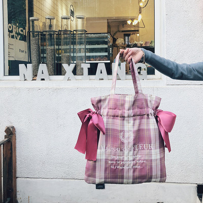 Youda καρό γυναικεία τσάντα ώμου Απλή υφασμάτινη τσάντα τσάντα μεγάλης χωρητικότητας βαμβακερή τσάντα καμβά φιόγκος για όμορφη νεαρή κοπέλα