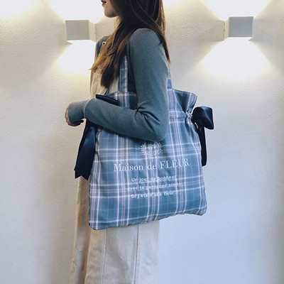 Youda καρό γυναικεία τσάντα ώμου Απλή υφασμάτινη τσάντα τσάντα μεγάλης χωρητικότητας βαμβακερή τσάντα καμβά φιόγκος για όμορφη νεαρή κοπέλα