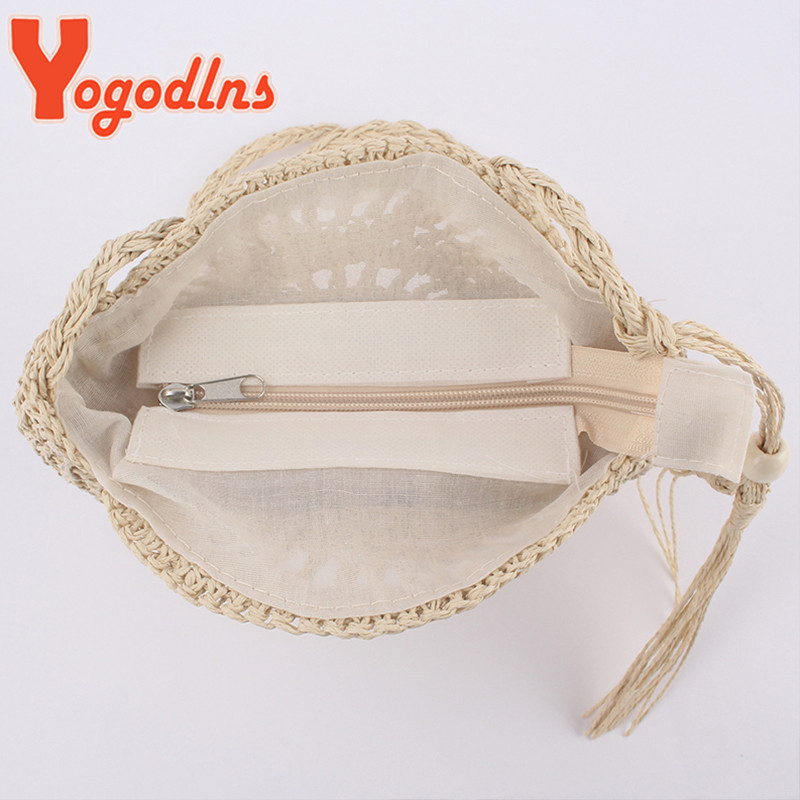 Yogodlns Στρογγυλή τσάντα ώμου με σχοινί από μαλακό χαρτί Φούντα Καλοκαιρινή παραλία Χειροποίητες τσάντες χιαστί Γυναικείες κούφιες ψάθινες τσάντες κύκλος Τσάντα ράταν