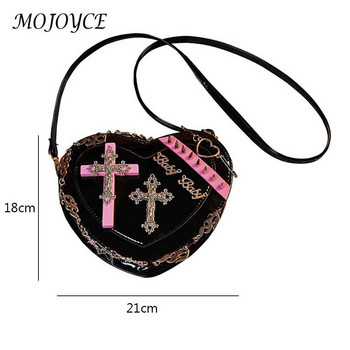 Чанта Lolita Heart Gothic Lolita Nit Cross Crossbody чанта Метална декорация PU кожа Ретро стил Сладка за ежедневно пътуване