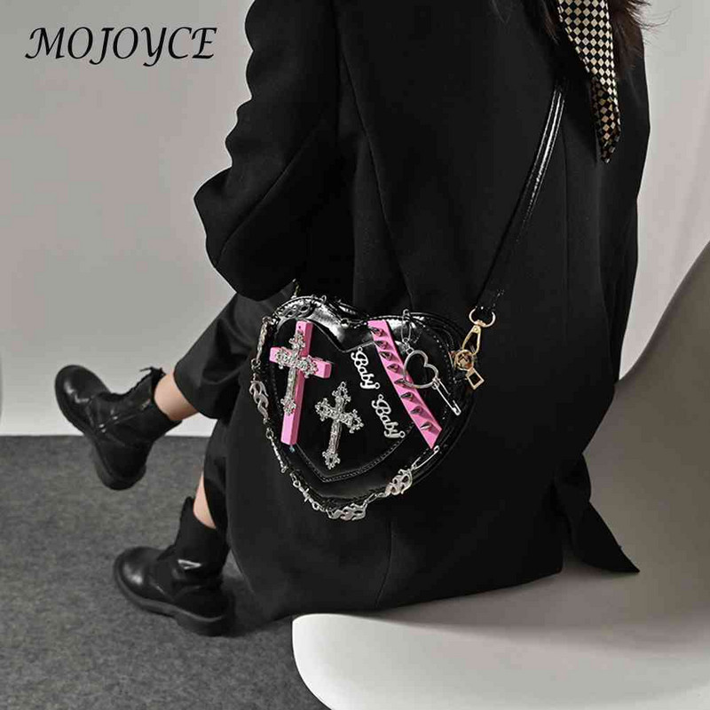 Τσάντα Lolita Heart Messenger Gothic Lolita Rivet Crossbody Τσάντα Μεταλλική διακόσμηση PU Δερμάτινο ρετρό στυλ Χαριτωμένο για καθημερινά ταξίδια