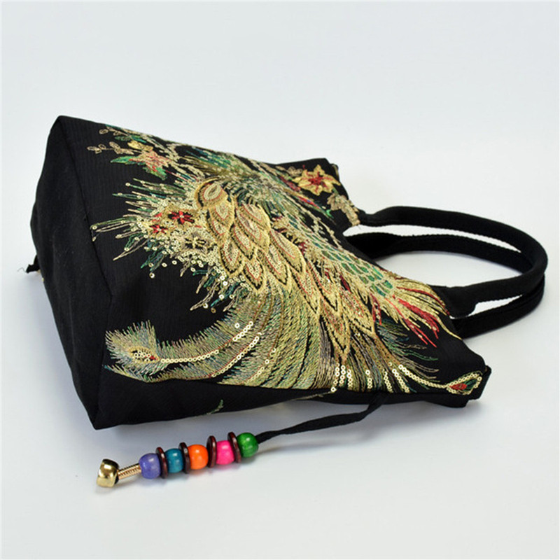 Női válltáska, kézzel készített hímzés, páva bohém etnikai stílusú retro kézitáska, nagy kapacitású hordtáska lányoknak