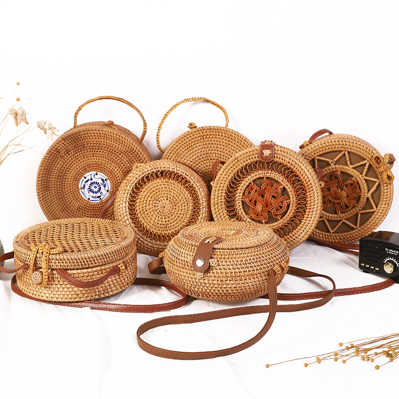 2022 INS Δημοφιλείς γυναικείες χειροποίητες στρογγυλή τσάντα ώμου παραλίας Bali Circle ψάθινες τσάντες καλοκαιρινές υφαντές τσάντες από ρατάν Γυναικεία τσάντα αγγελιοφόρου