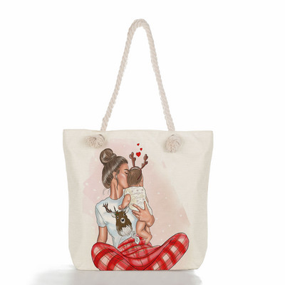 Egyedi, aranyos rajzfilm Super Mama nyomtatott nagy méretű kézitáska anya és baba összecsukható női alkalmi táska utazási praktikus hordozható strandtáska