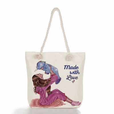 Egyedi, aranyos rajzfilm Super Mama nyomtatott nagy méretű kézitáska anya és baba összecsukható női alkalmi táska utazási praktikus hordozható strandtáska