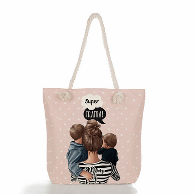 Egyedi, aranyos rajzfilm Super Mama nyomtatott nagy méretű kézitáska anya és baba összecsukható női alkalmi táska utazási praktikus hordozható strandtáska