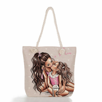 Egyedi, aranyos rajzfilm Super Mama nyomtatott nagy méretű kézitáska anya és baba összecsukható női alkalmi táska utazási praktikus hordozható strandtáska