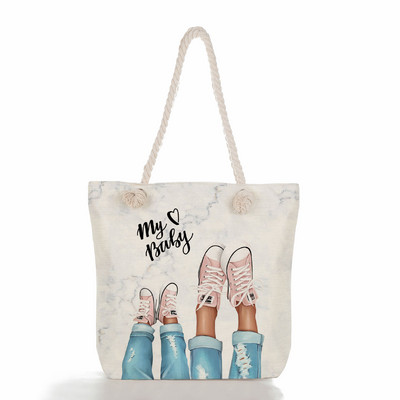 Egyedi, aranyos rajzfilm Super Mama nyomtatott nagy méretű kézitáska anya és baba összecsukható női alkalmi táska utazási praktikus hordozható strandtáska