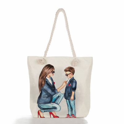 Egyedi, aranyos rajzfilm Super Mama nyomtatott nagy méretű kézitáska anya és baba összecsukható női alkalmi táska utazási praktikus hordozható strandtáska