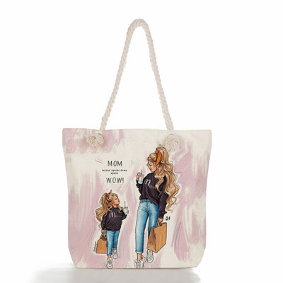 Egyedi, aranyos rajzfilm Super Mama nyomtatott nagy méretű kézitáska anya és baba összecsukható női alkalmi táska utazási praktikus hordozható strandtáska