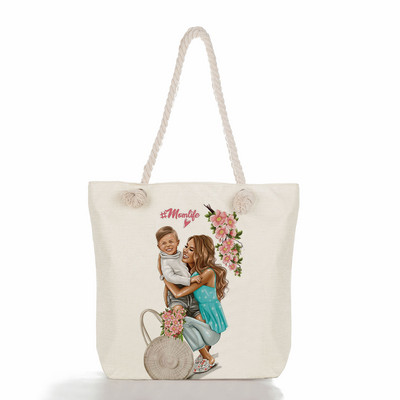 Egyedi, aranyos rajzfilm Super Mama nyomtatott nagy méretű kézitáska anya és baba összecsukható női alkalmi táska utazási praktikus hordozható strandtáska