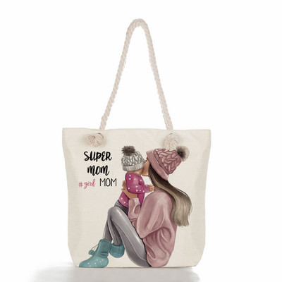 Egyedi, aranyos rajzfilm Super Mama nyomtatott nagy méretű kézitáska anya és baba összecsukható női alkalmi táska utazási praktikus hordozható strandtáska
