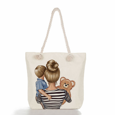 Egyedi, aranyos rajzfilm Super Mama nyomtatott nagy méretű kézitáska anya és baba összecsukható női alkalmi táska utazási praktikus hordozható strandtáska