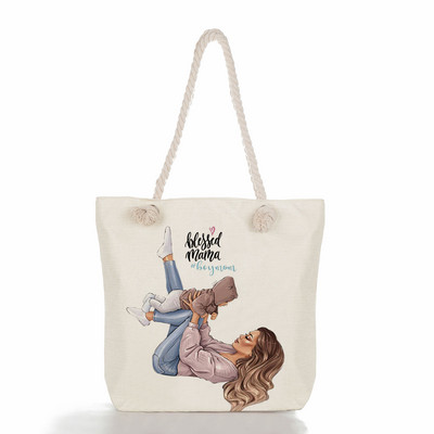 Egyedi, aranyos rajzfilm Super Mama nyomtatott nagy méretű kézitáska anya és baba összecsukható női alkalmi táska utazási praktikus hordozható strandtáska