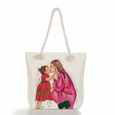 Egyedi, aranyos rajzfilm Super Mama nyomtatott nagy méretű kézitáska anya és baba összecsukható női alkalmi táska utazási praktikus hordozható strandtáska