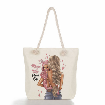 Egyedi, aranyos rajzfilm Super Mama nyomtatott nagy méretű kézitáska anya és baba összecsukható női alkalmi táska utazási praktikus hordozható strandtáska