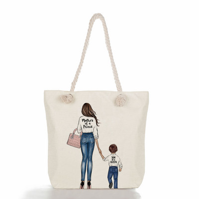Egyedi, aranyos rajzfilm Super Mama nyomtatott nagy méretű kézitáska anya és baba összecsukható női alkalmi táska utazási praktikus hordozható strandtáska