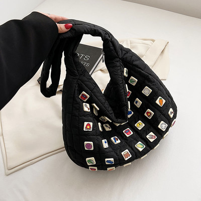 Зимна памучно подплатена чанта за жени 2022 г. Решетъчна ватирана дамска чанта Голяма женска голяма чанта Чанта с пера Пух Дамски пазарски чанти за скитници